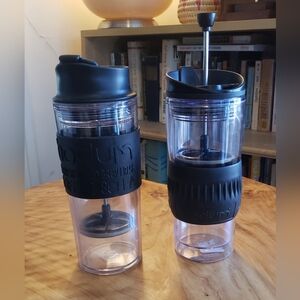 Set Bodum Plastic Insulated Double Wall Coffee or Tea Press, 2 Travel Mugs